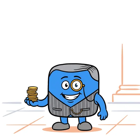 Blocky in a dark pinstriped waistcoat with a monocle on a chain, holding a stack of gold coins, in a bank drawn in thin orange lines.