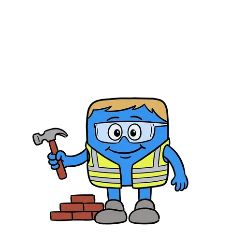 Blocky with blonde hair and clear safety goggles, in a yellow high-visibility vest, holding a hammer beside a stack of red bricks.