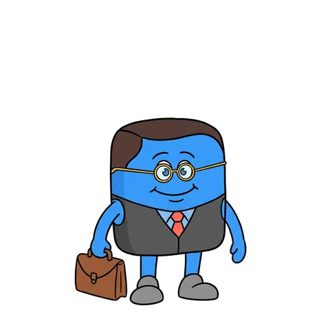 Blocky in a black bowler hat and round glasses, wearing a dark suit with a red tie, carrying a brown briefcase.