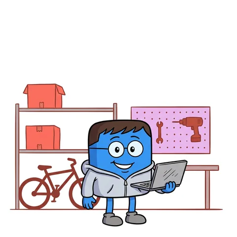 Blocky with a brown fringe and round glasses, in a grey hoodie, holding an open laptop in a garage with a red bicycle and a pegboard of tools.