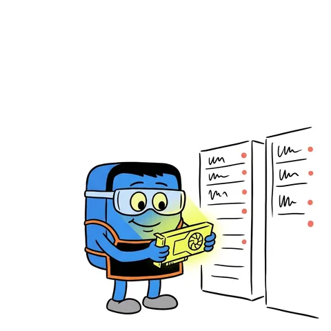 Blocky in a helmet with a headlamp and clear goggles, holding a glowing yellow graphics card in front of two tall server racks.
