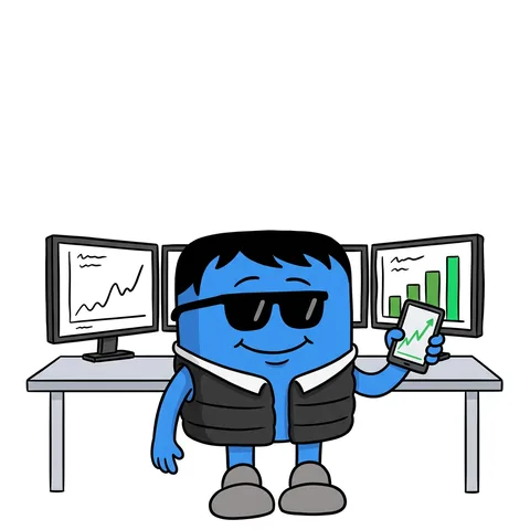 Blocky in black sunglasses and a dark jacket, holding a phone at a desk of monitors showing green and white price charts.
