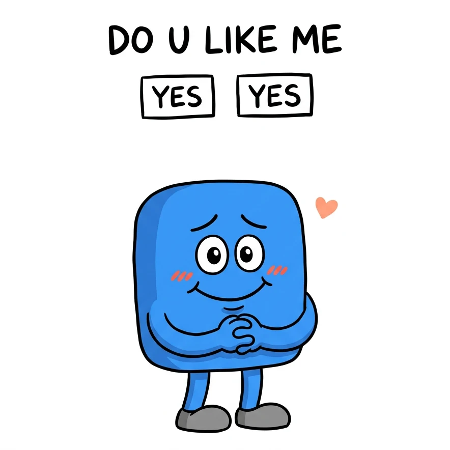 Blocky, a rounded blue square with a face and grey shoes, standing shyly with his hands clasped and a small heart beside him. Hand-lettered above him: DO U LIKE ME, with two answer boxes that both say YES.